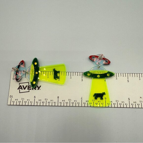 Alien Cow Spaceship Earrings - Neon Green and Black - Acrylic Earrings Pierced - Picture 2 of 7